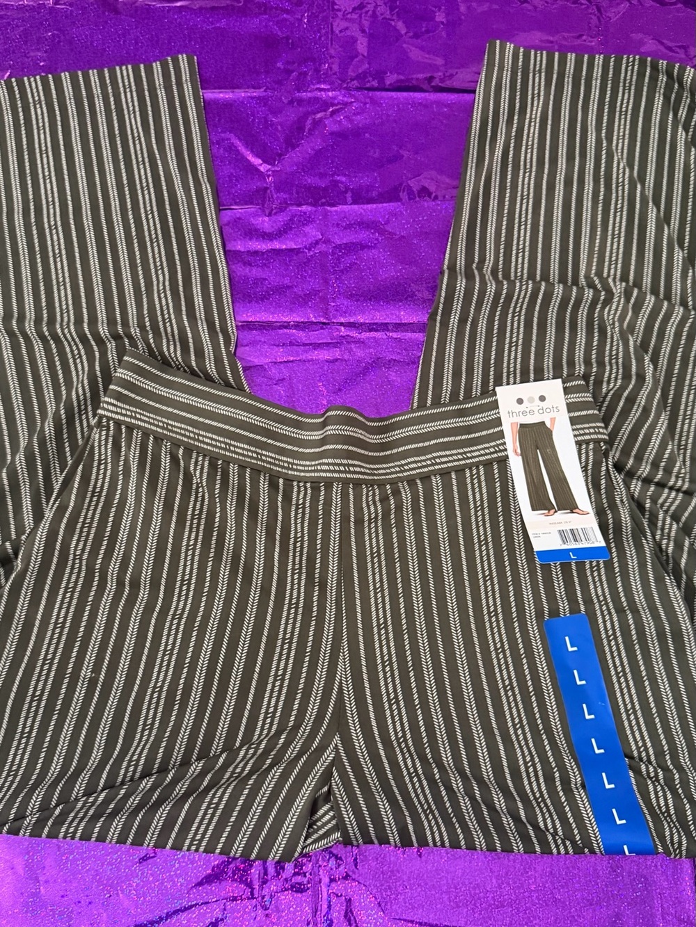 Three Dots Olive & White Striped Wide-Leg Pants